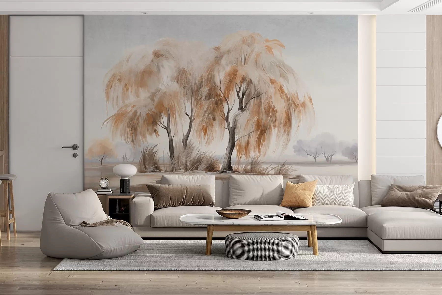 murais de parede Salgueiros texturizados com folhas castanhas e brancas na margem de um lago, com alguma relva à volta, num dia enevoado w09268