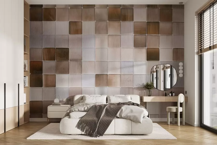 murais de parede Mosaicos quadrados de pedra em tons de castanho, bege e branco com uma textura abstrata de ruído granulado canelado w09269