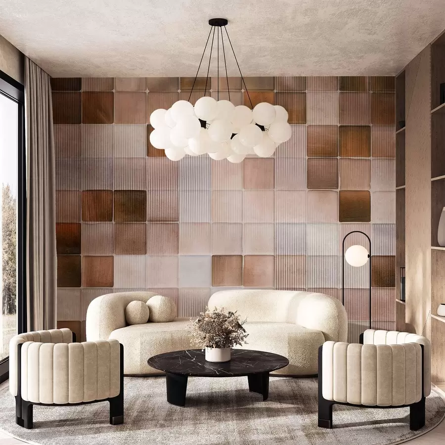 murais de parede Mosaicos quadrados de pedra em tons de castanho, bege e branco com uma textura abstrata de ruído granulado canelado w09269