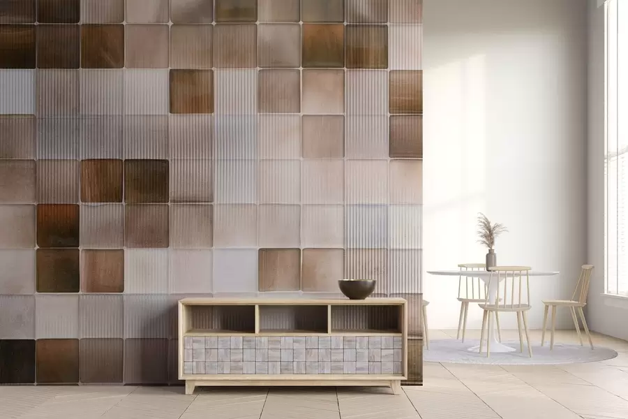 murais de parede Mosaicos quadrados de pedra em tons de castanho, bege e branco com uma textura abstrata de ruído granulado canelado w09269