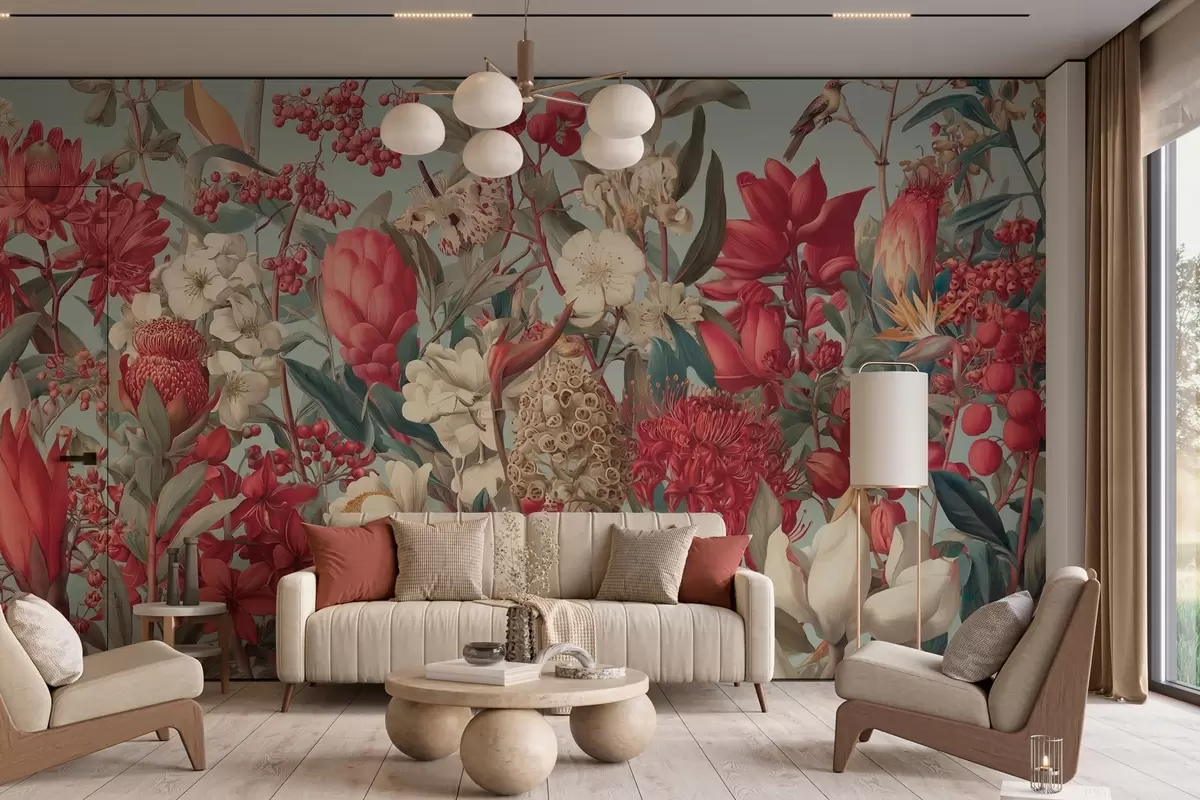 murais de parede flores tropicais texturadas sobre um fundo azul w04209