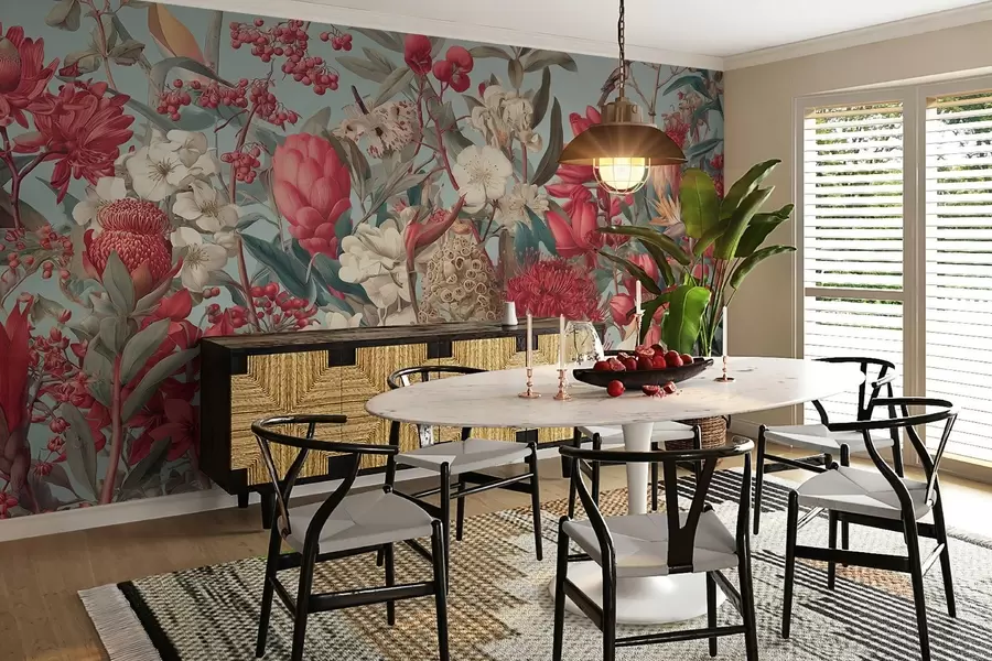 murais de parede flores tropicais texturadas sobre um fundo azul w04209