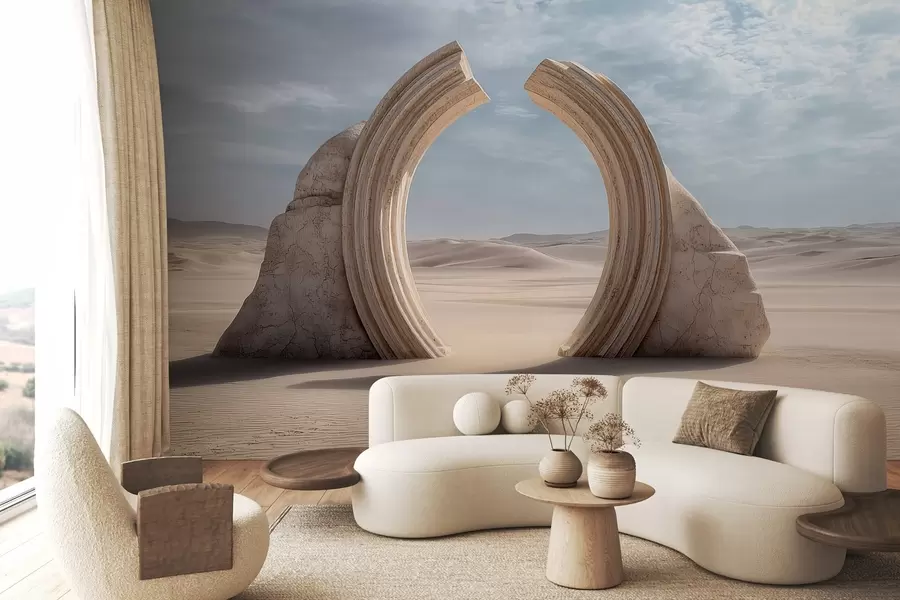 murais de parede paisagem surrealista do deserto com um grande arco arquitetónico w04284