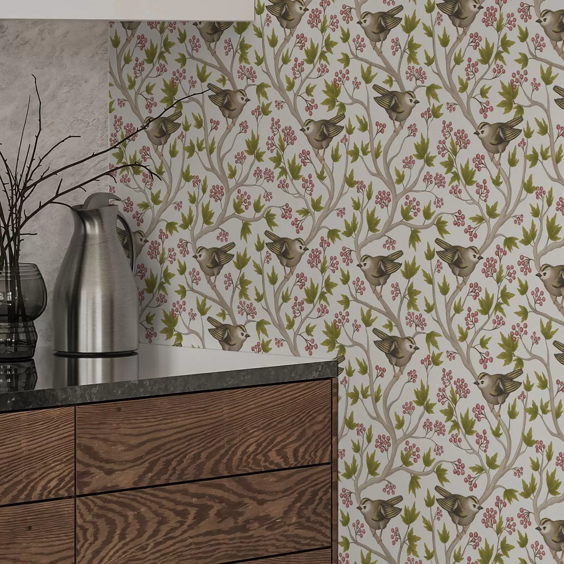 murais de parede Pássaros em ramos com folhas e bagas sobre um fundo branco a00283