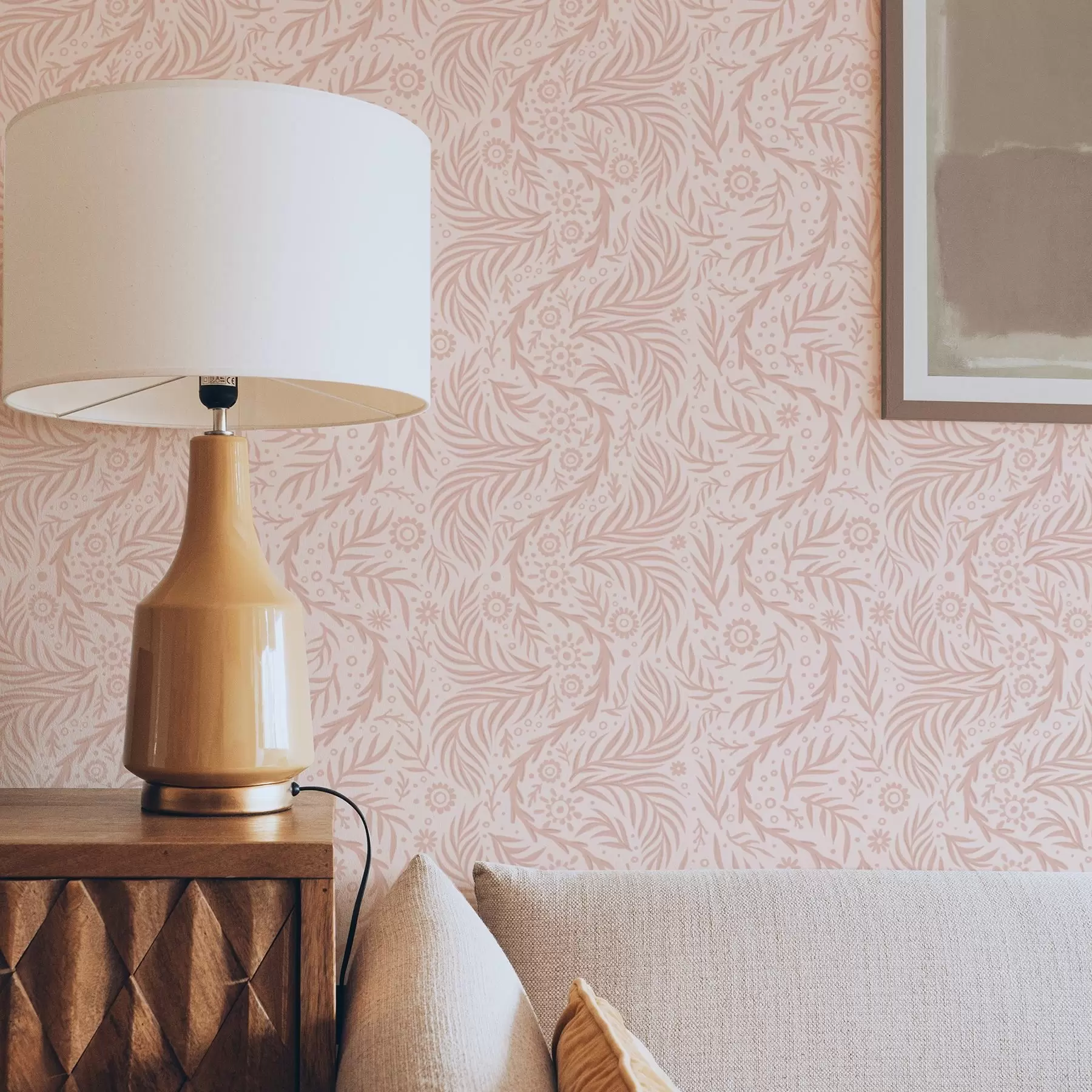 murais de parede Elementos florais cor-de-rosa pálido sobre um fundo cor-de-rosa a00290