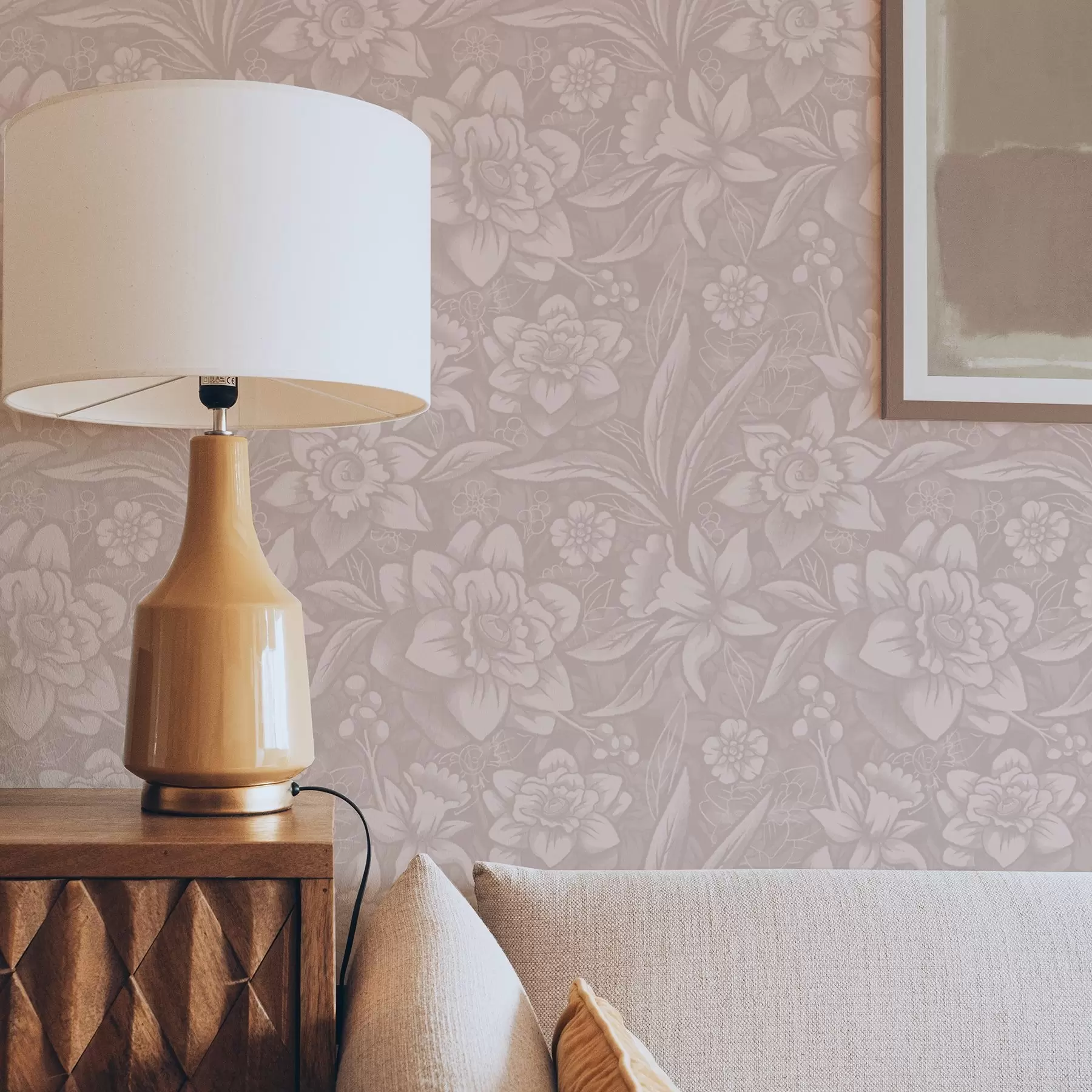 murais de parede Desenho floral monocromático com narcisos sobre um fundo creme a00294