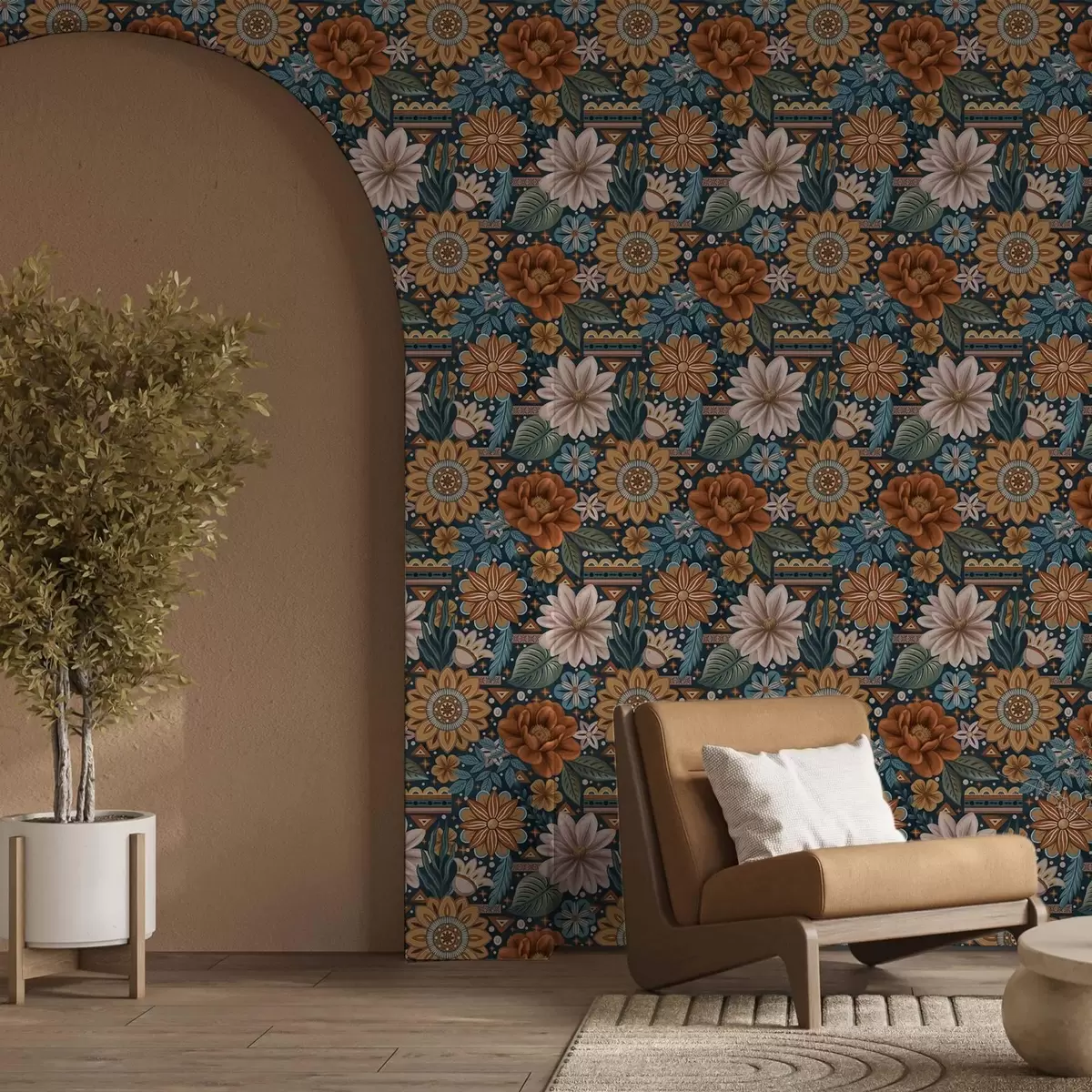 Papel de parede Flores decorativas brilhantes com elementos geométricos a00305