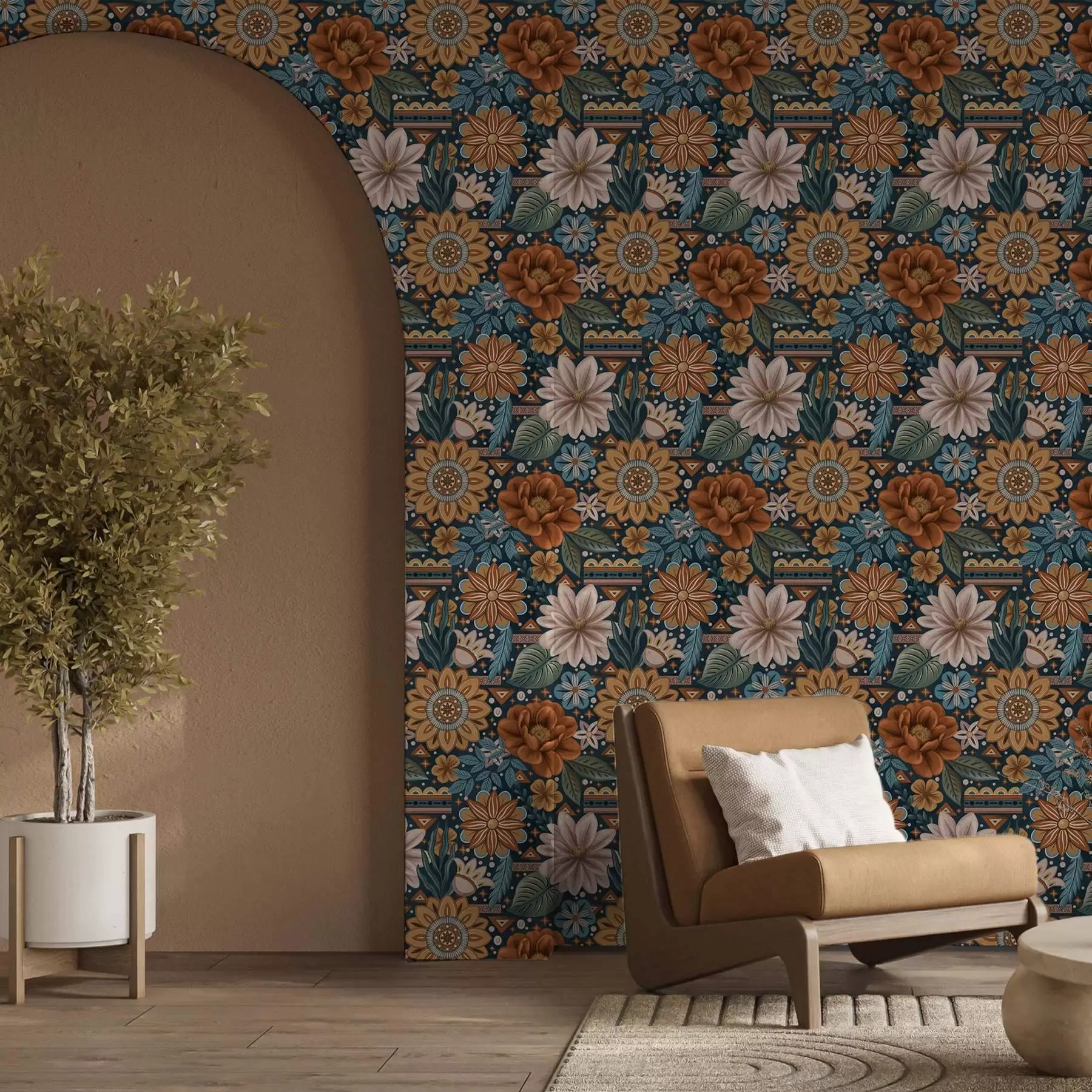 murais de parede Flores decorativas brilhantes com elementos geométricos a00305