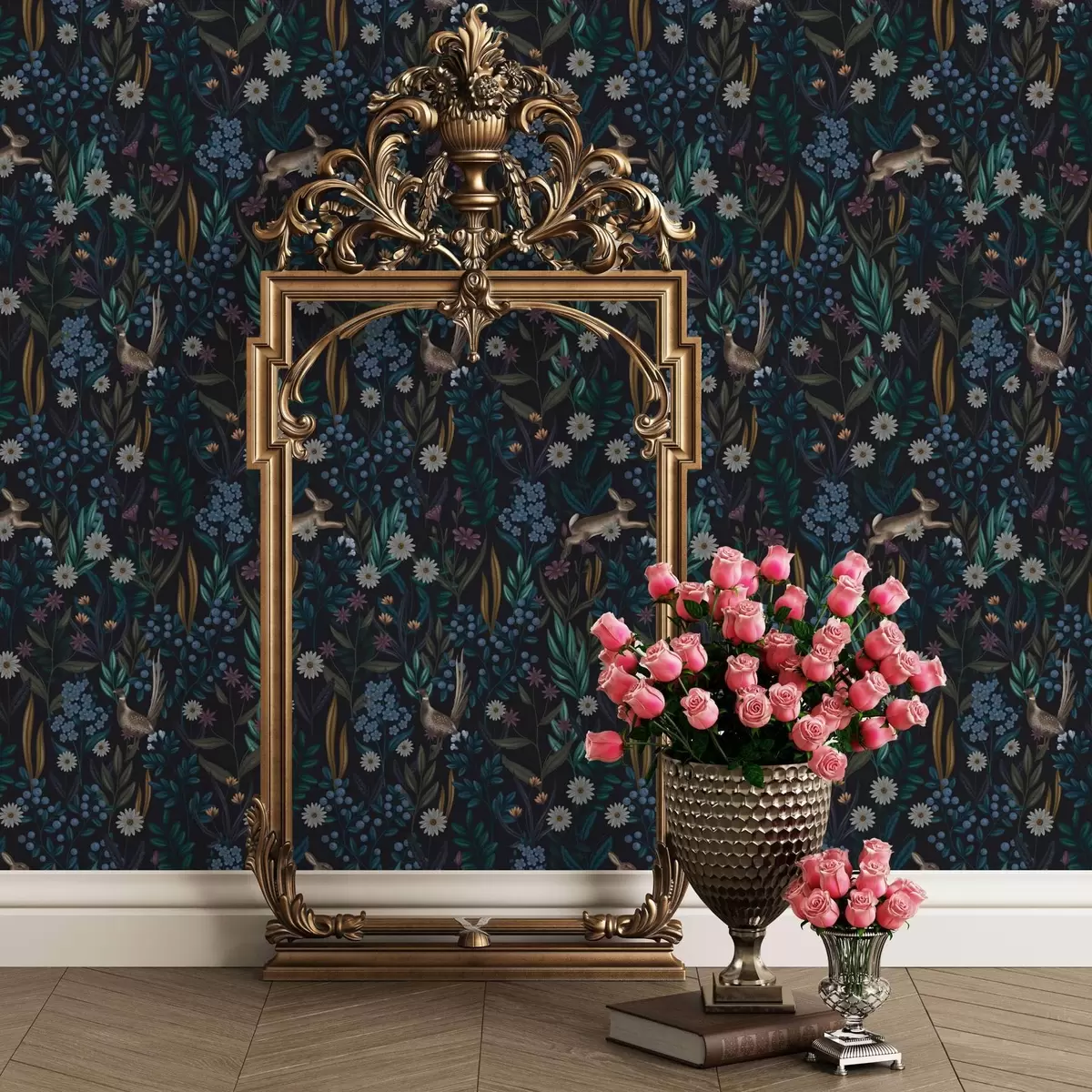 Papel de parede Floresta escura com flores, lebre e um pássaro a00310