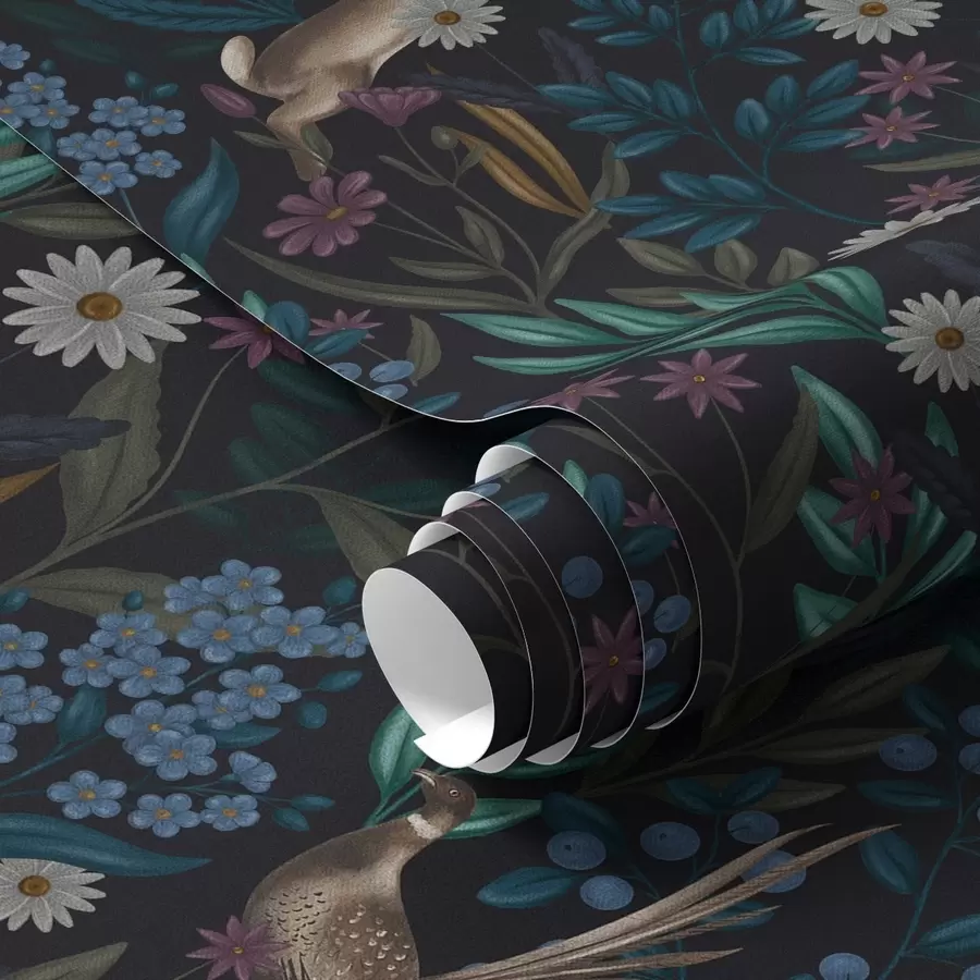 murais de parede Floresta escura com flores, lebre e um pássaro a00310