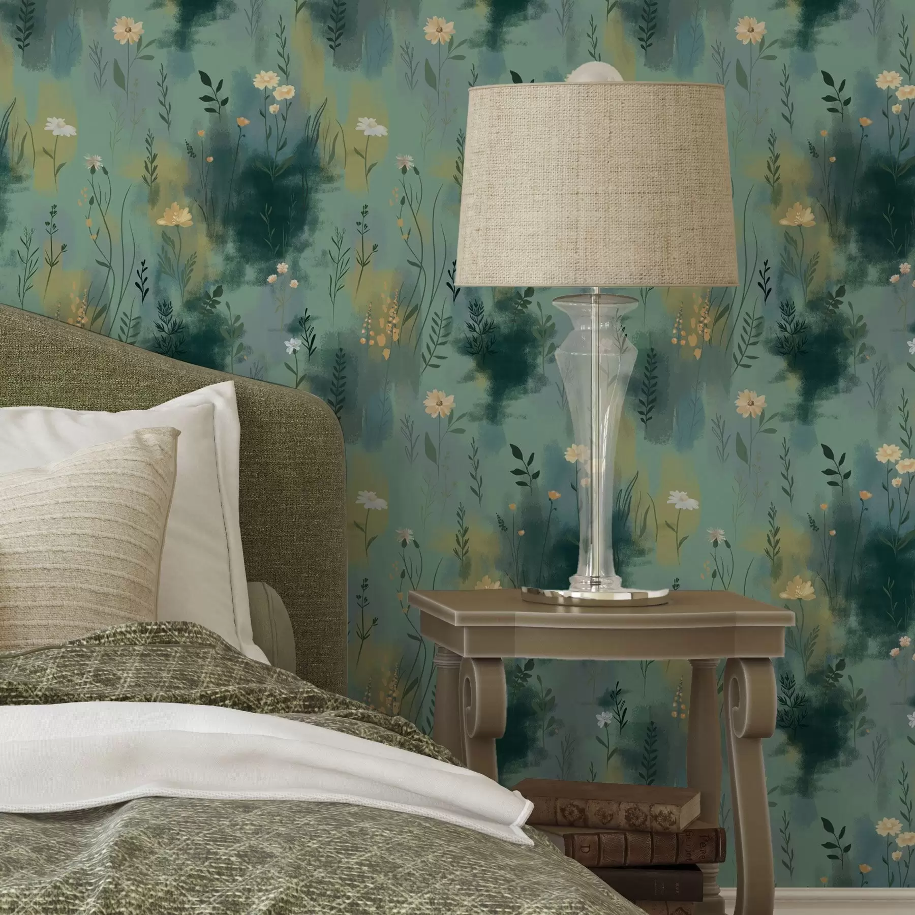 murais de parede Abstração de aguarela com flores sobre fundo verde a00312