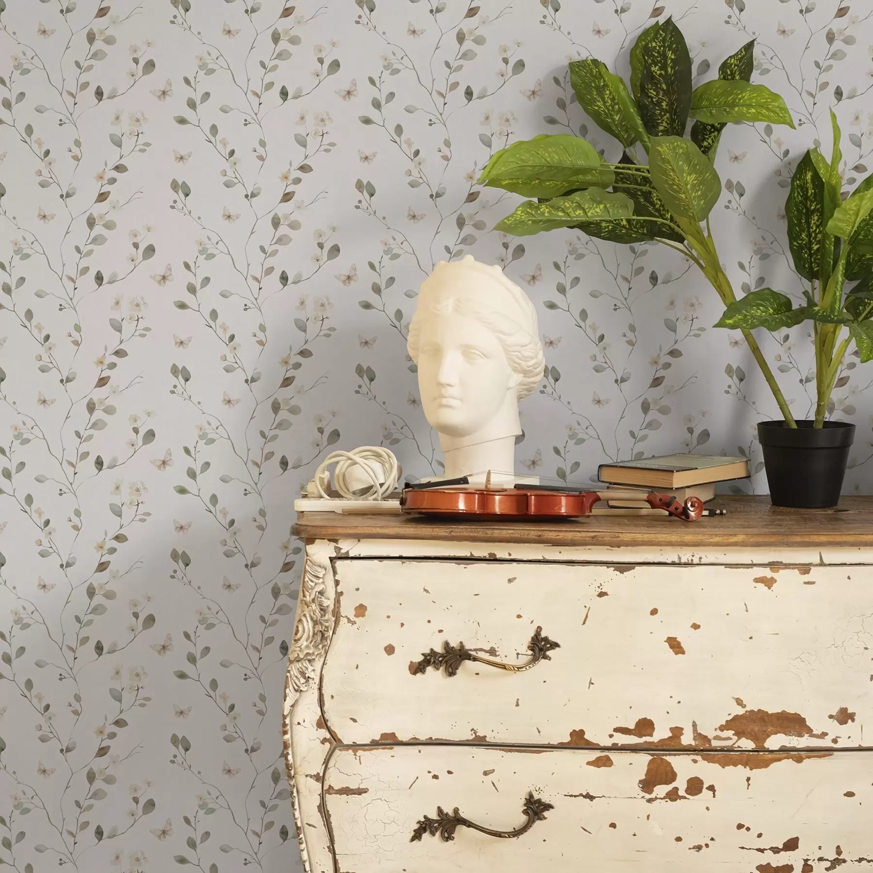 murais de parede Ramos finos com flores e borboletas sobre fundo branco a00342