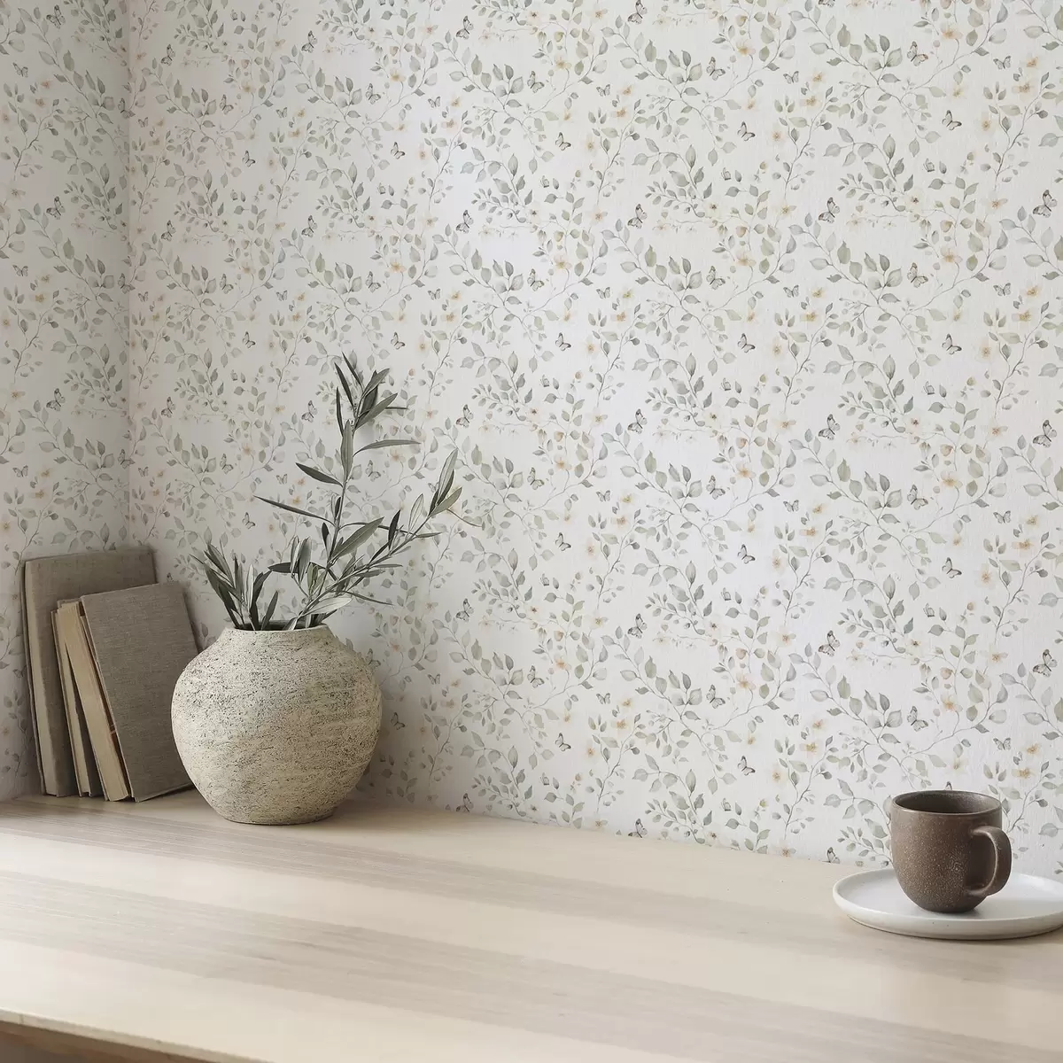 Papel de parede Ramos leves com folhas e flores em pequena repetição a00343