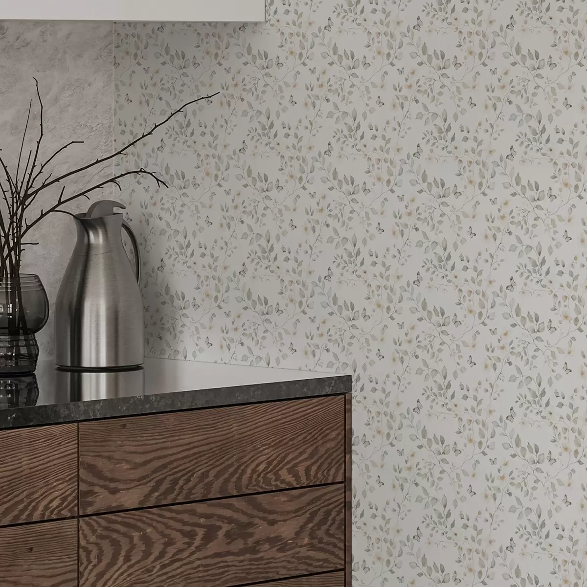 Papel de parede Ramos leves com folhas e flores em pequena repetição a00343