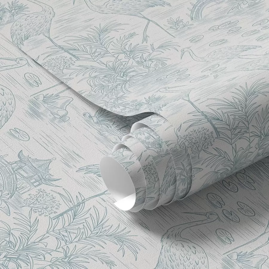 murais de parede Paisagem asiática com grous, pontes e lótus a00405