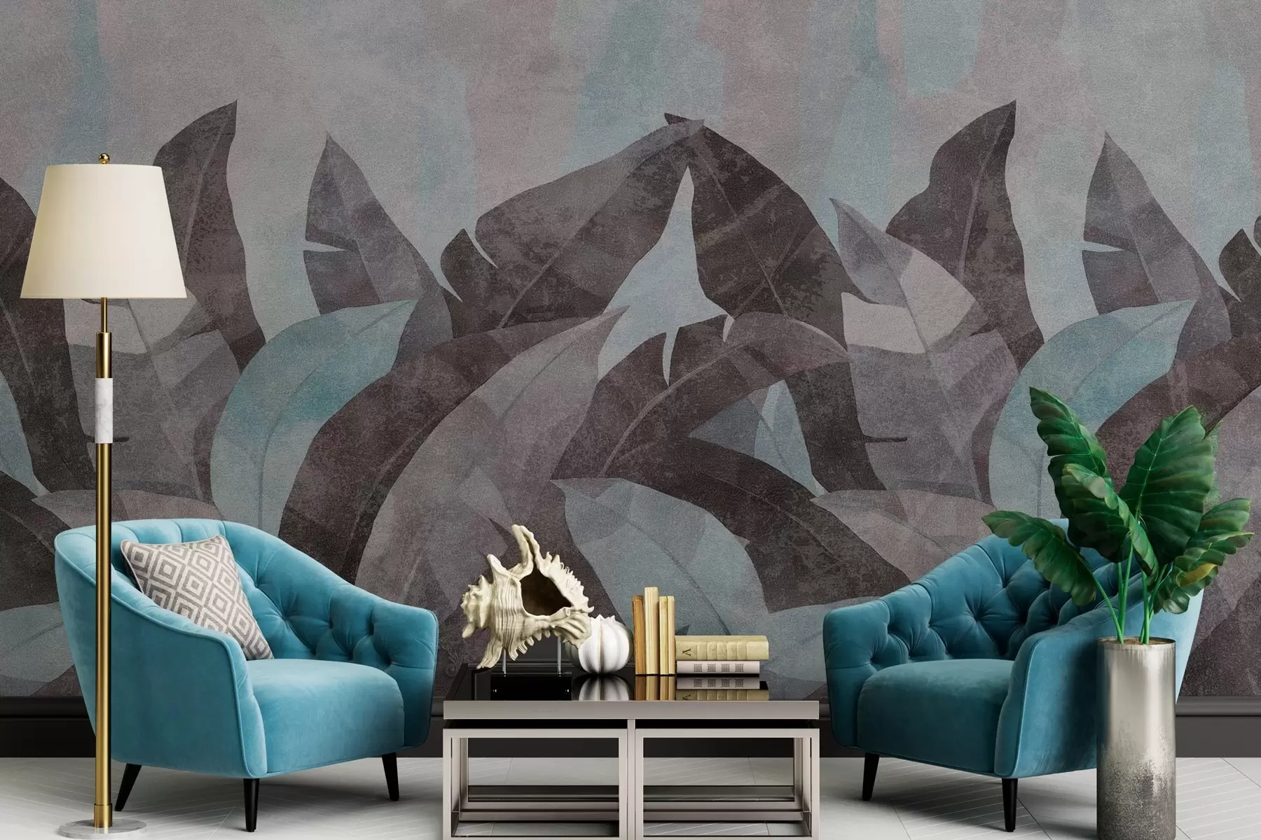murais de parede folhas de bananeira com textura em tons de azul e cinzento w04285v2