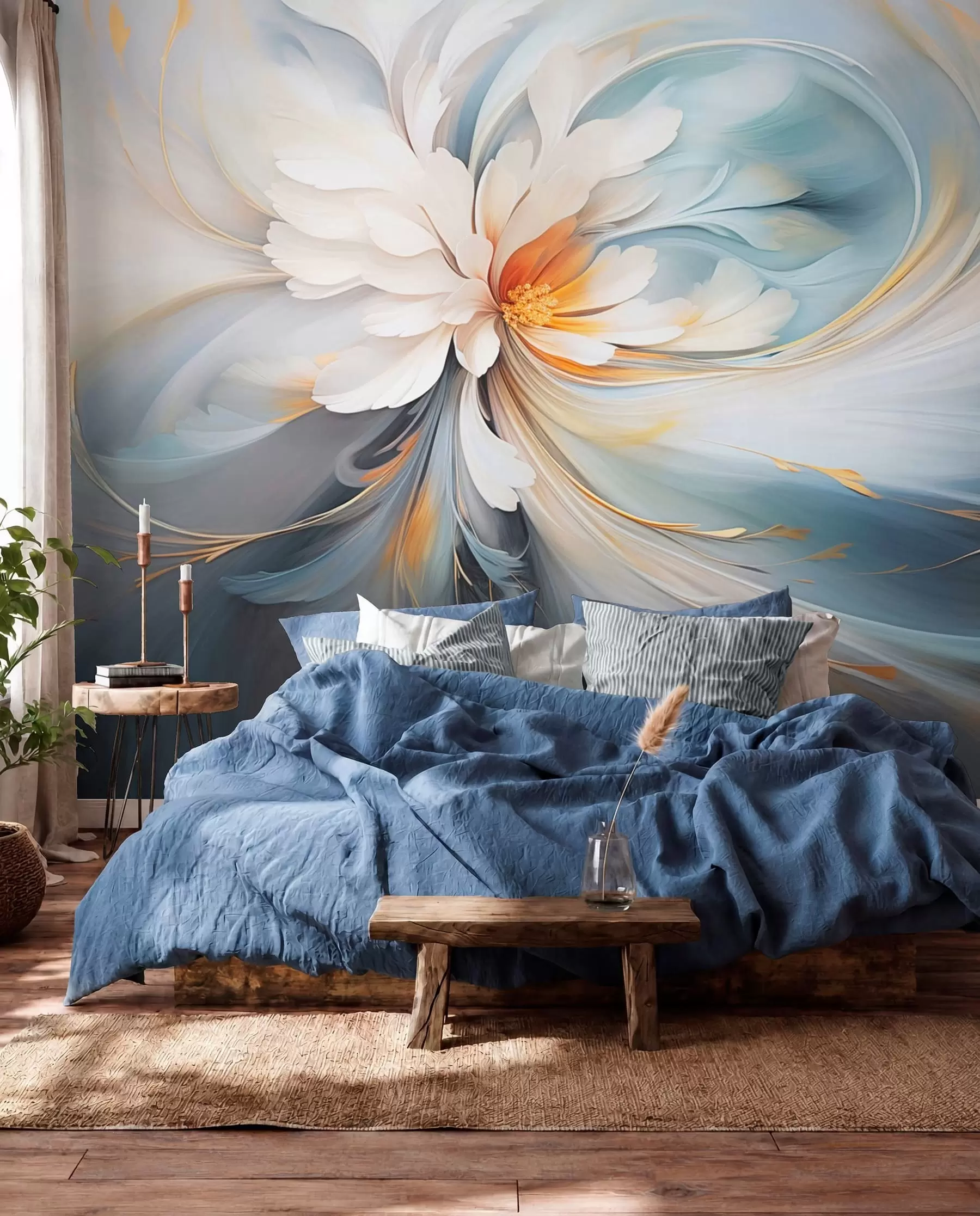 murais de parede Flor abstrata em tons suaves de azul e laranja w09270