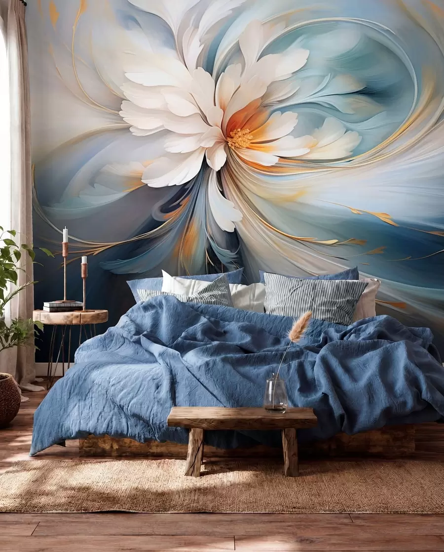 murais de parede Flor abstrata em tons de azul e laranja w09270v1