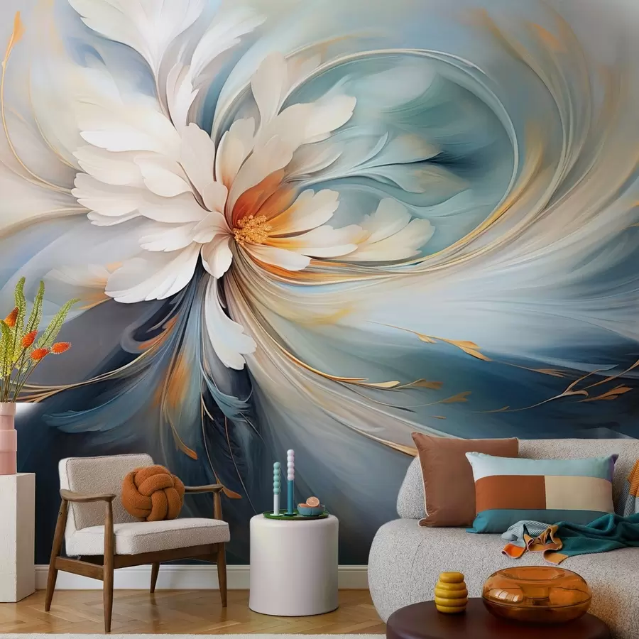 murais de parede Flor abstrata em tons de azul e laranja w09270v1