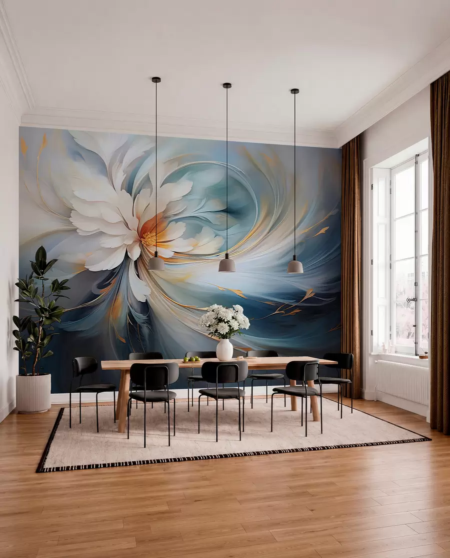murais de parede Flor abstrata em tons de azul e laranja w09270v1