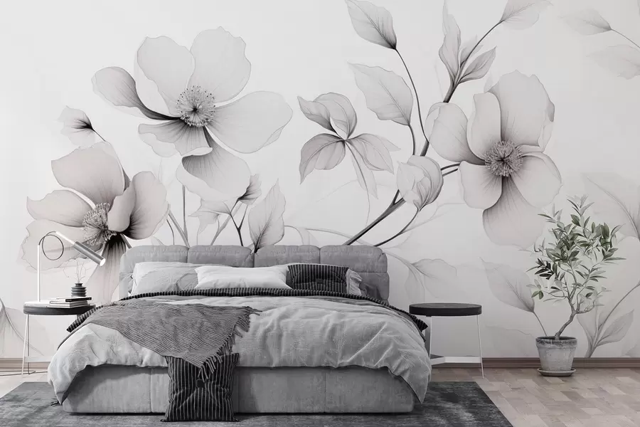 murais de parede Flores pretas e brancas com linhas elegantes sobre um fundo cinzento w09271