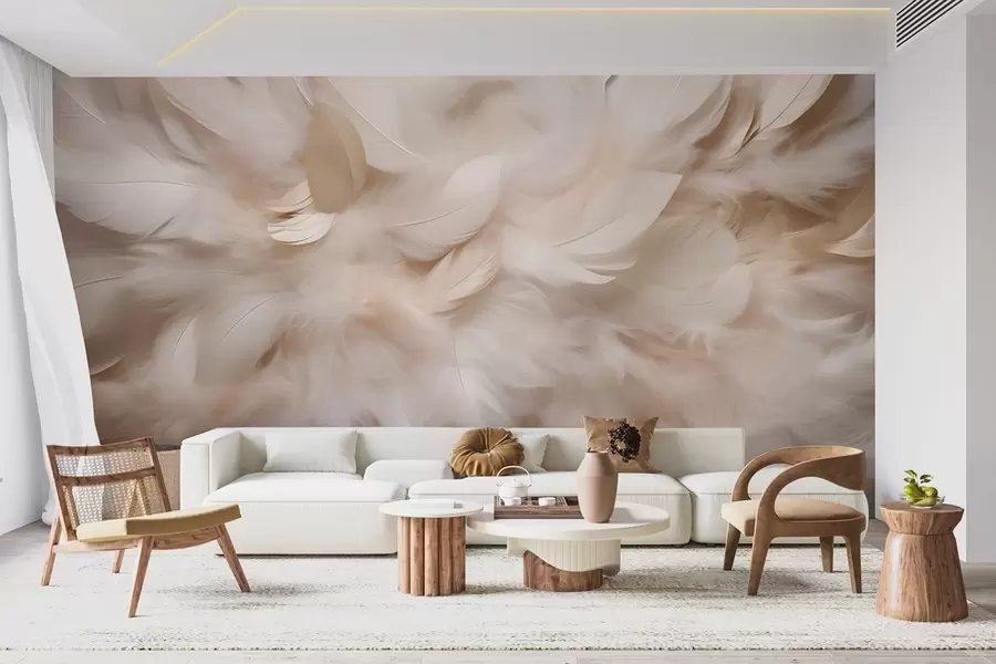 murais de parede Penas fofas e penugem em tons cremosos w09274