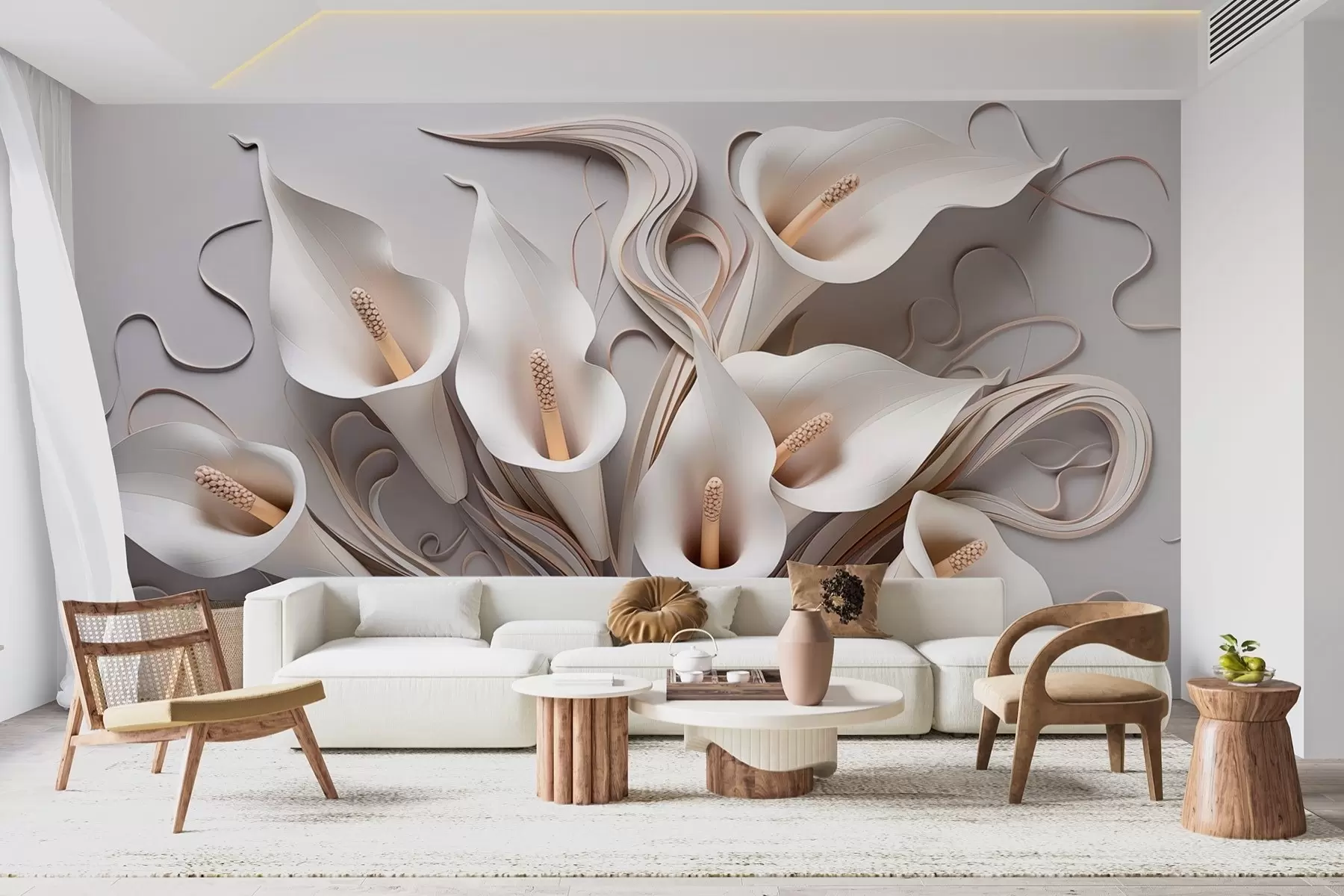 murais de parede Lírios de calla volumétricos em tons cremosos com efeito 3D w09281