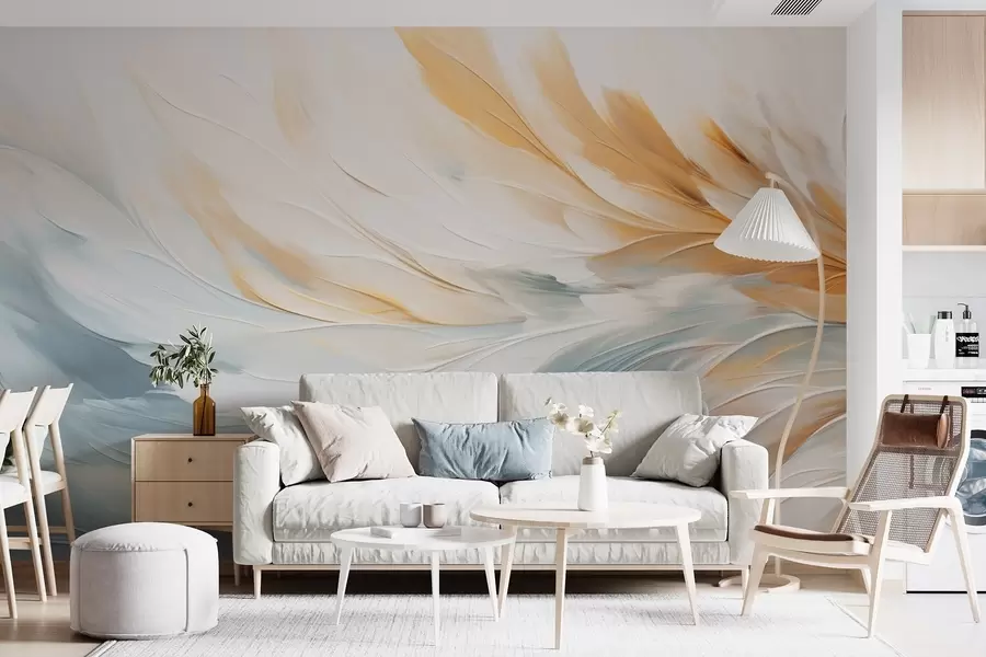murais de parede Penas abstractas em tons suaves de azul e laranja w09283
