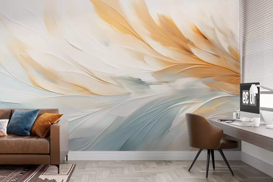 murais de parede Penas abstractas em tons suaves de azul e laranja w09283
