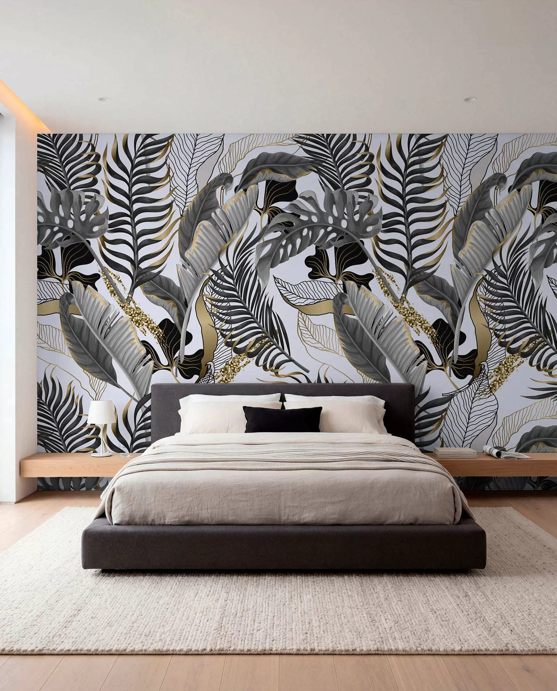 murais de parede Folhas tropicais cinzentas sobre um fundo branco u71888