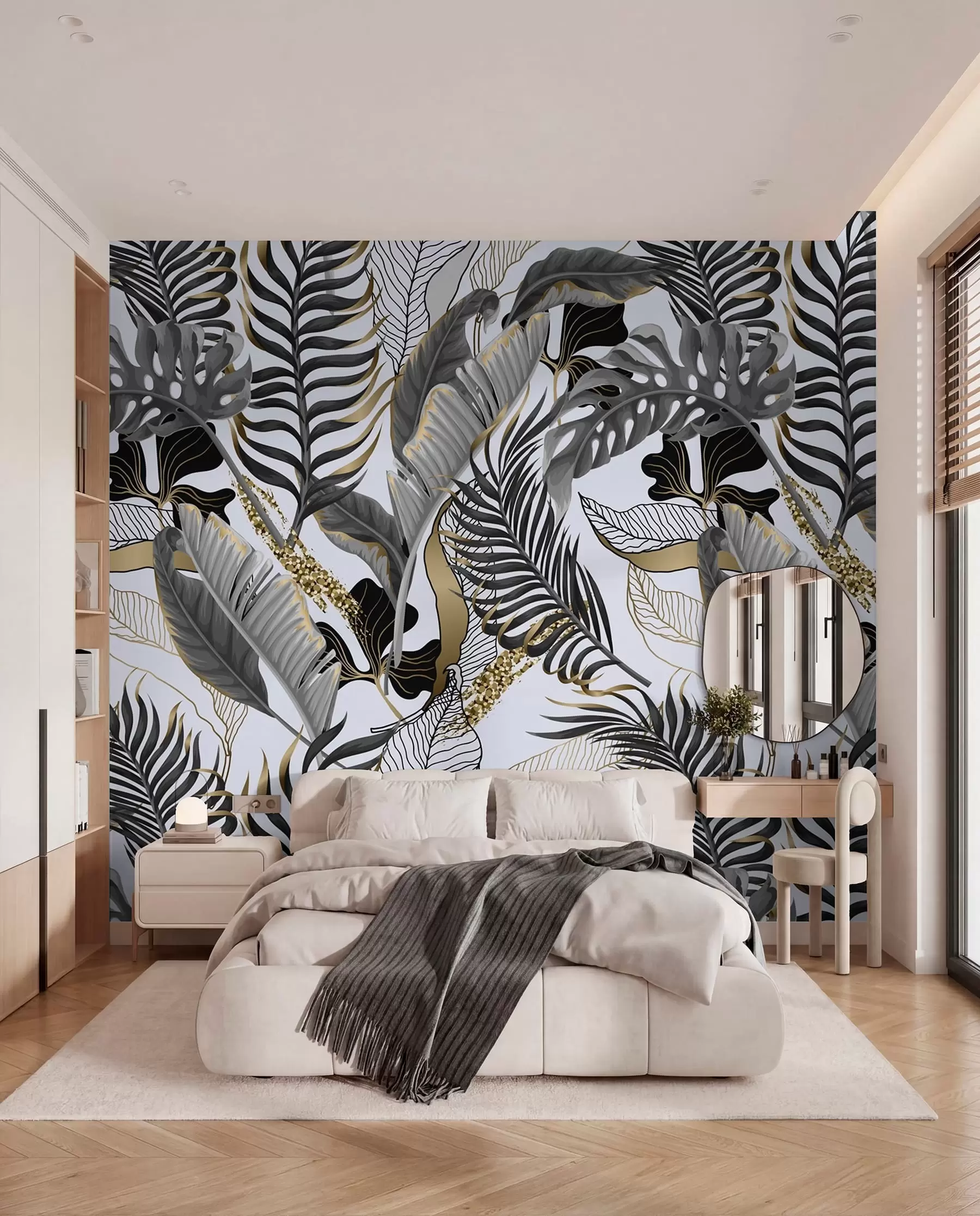 murais de parede Folhas tropicais cinzentas sobre um fundo branco u71888
