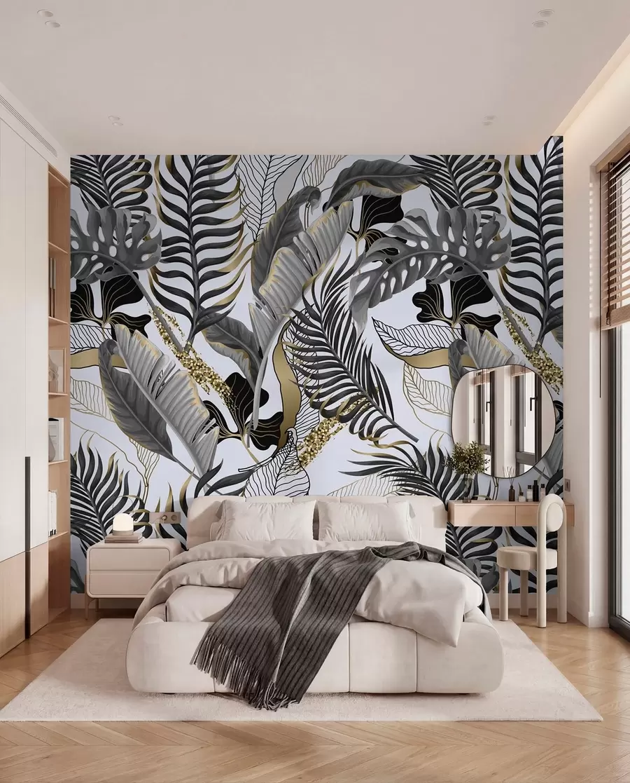 murais de parede Folhas tropicais cinzentas sobre um fundo branco u71888