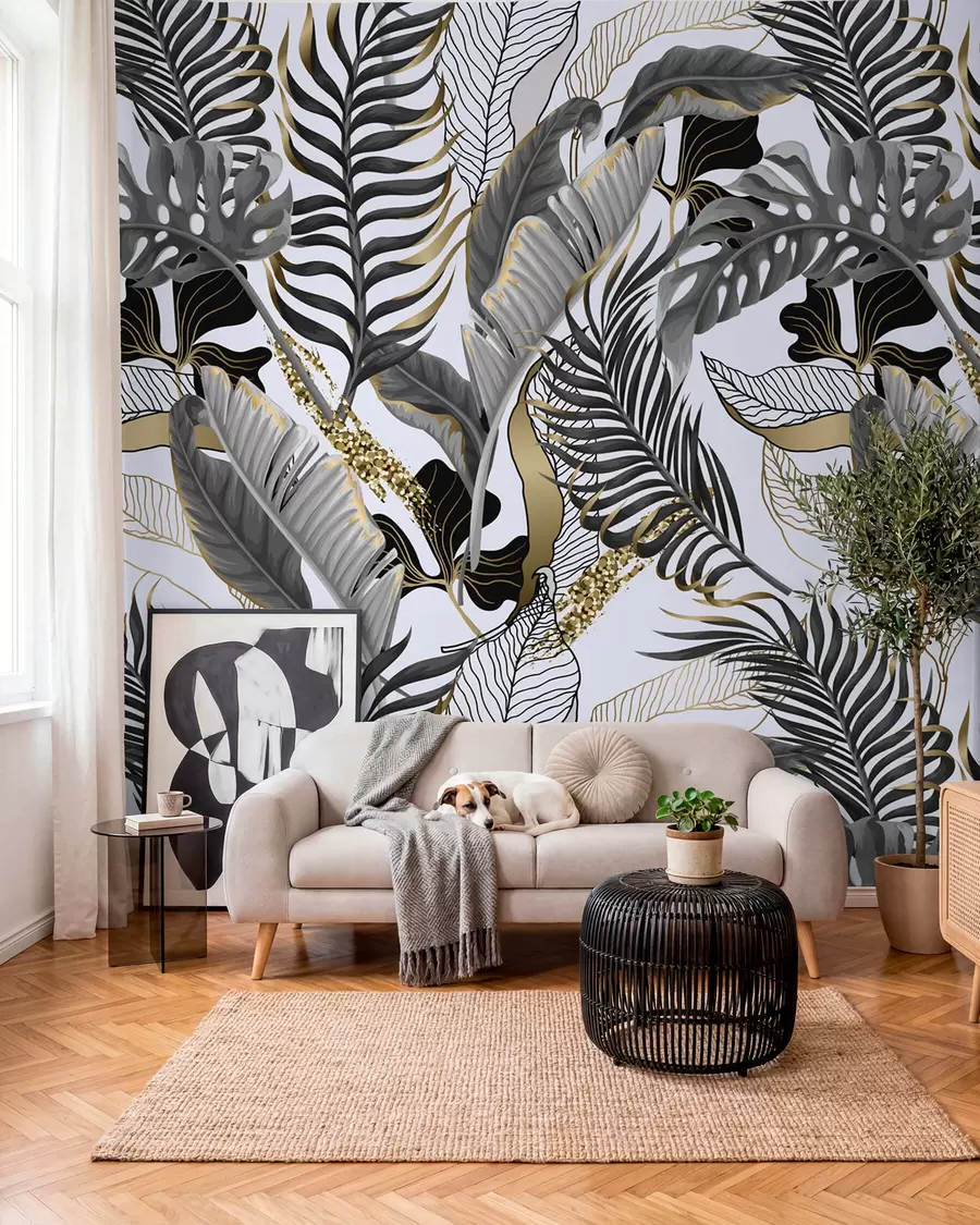 murais de parede Folhas tropicais cinzentas sobre um fundo branco u71888