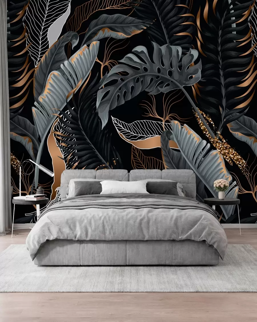 murais de parede Folhagem tropical em um fundo preto u71889