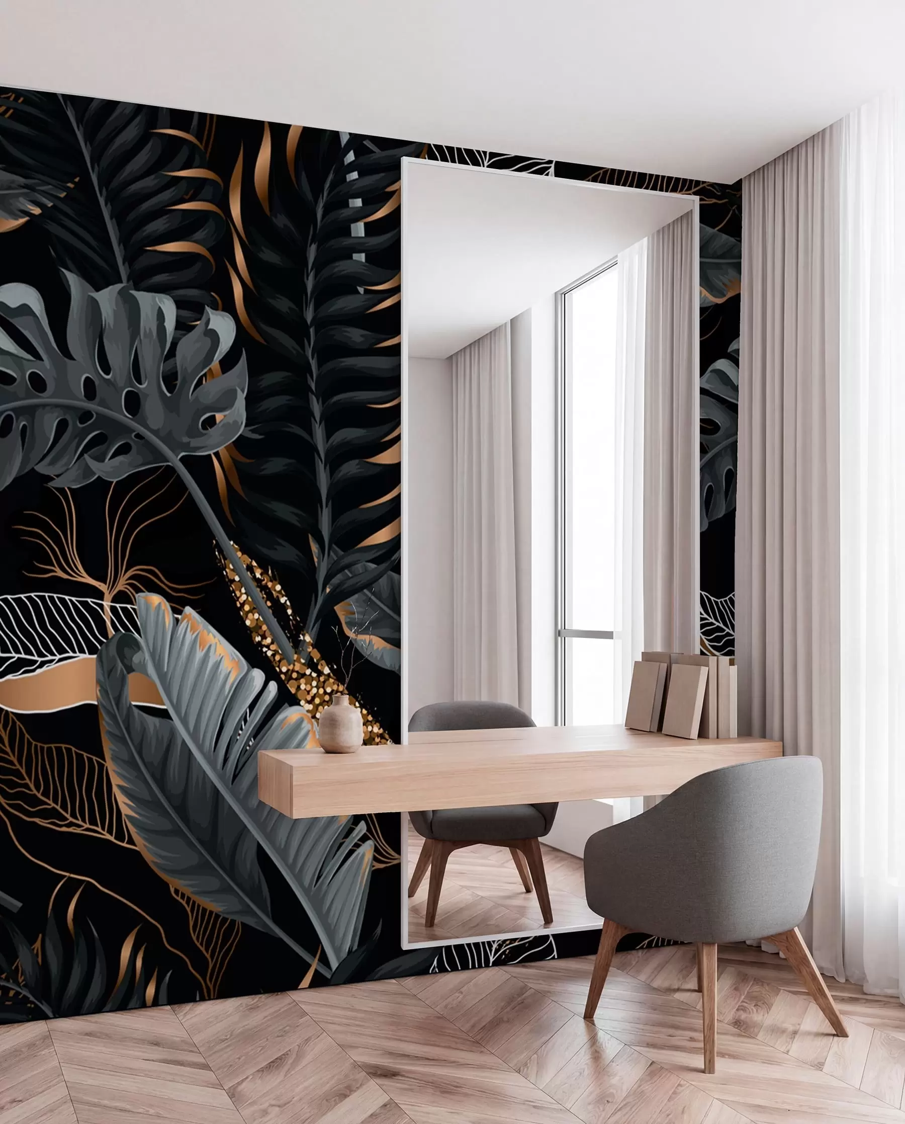 murais de parede Folhagem tropical em um fundo preto u71889