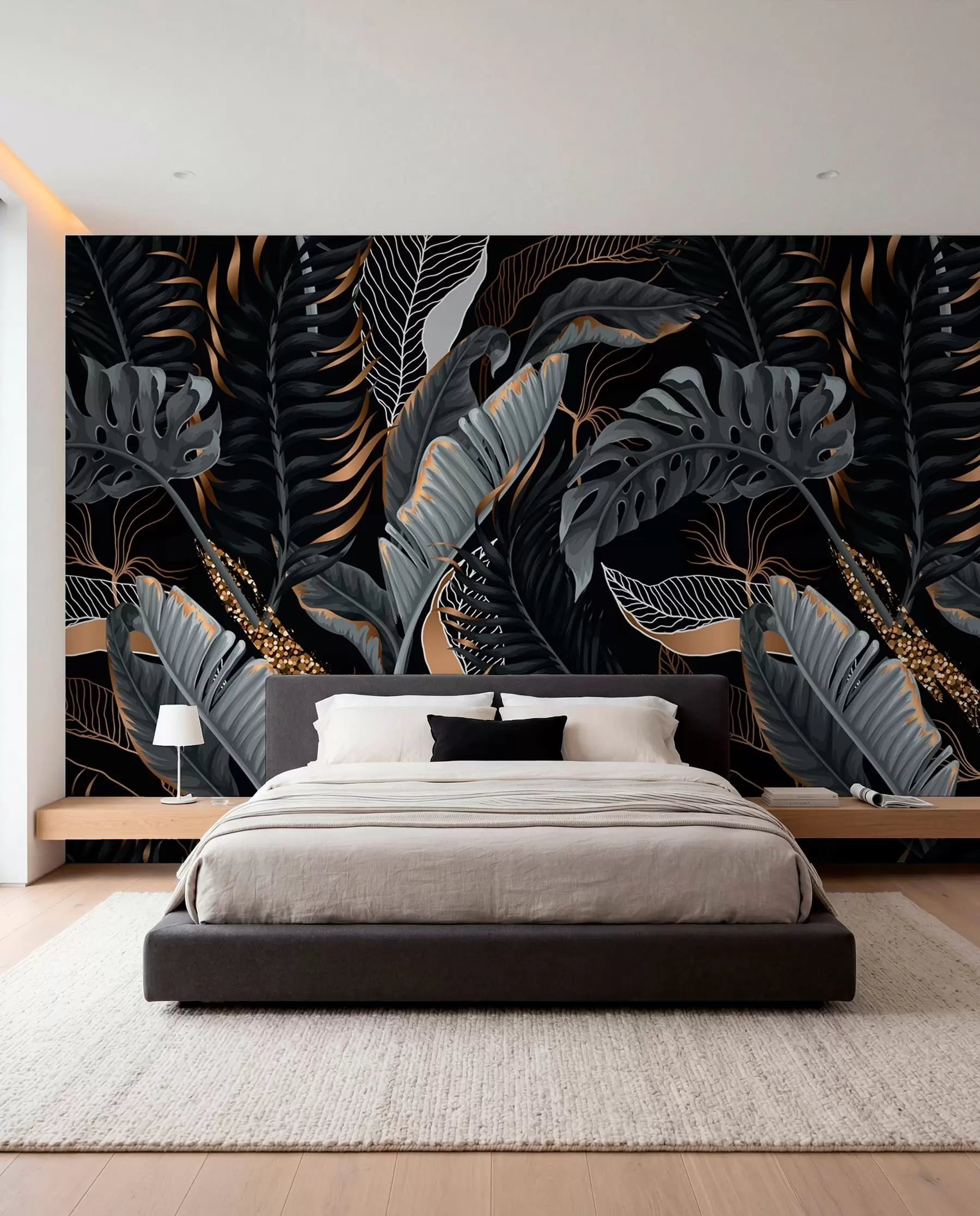 murais de parede Folhagem tropical em um fundo preto u71889