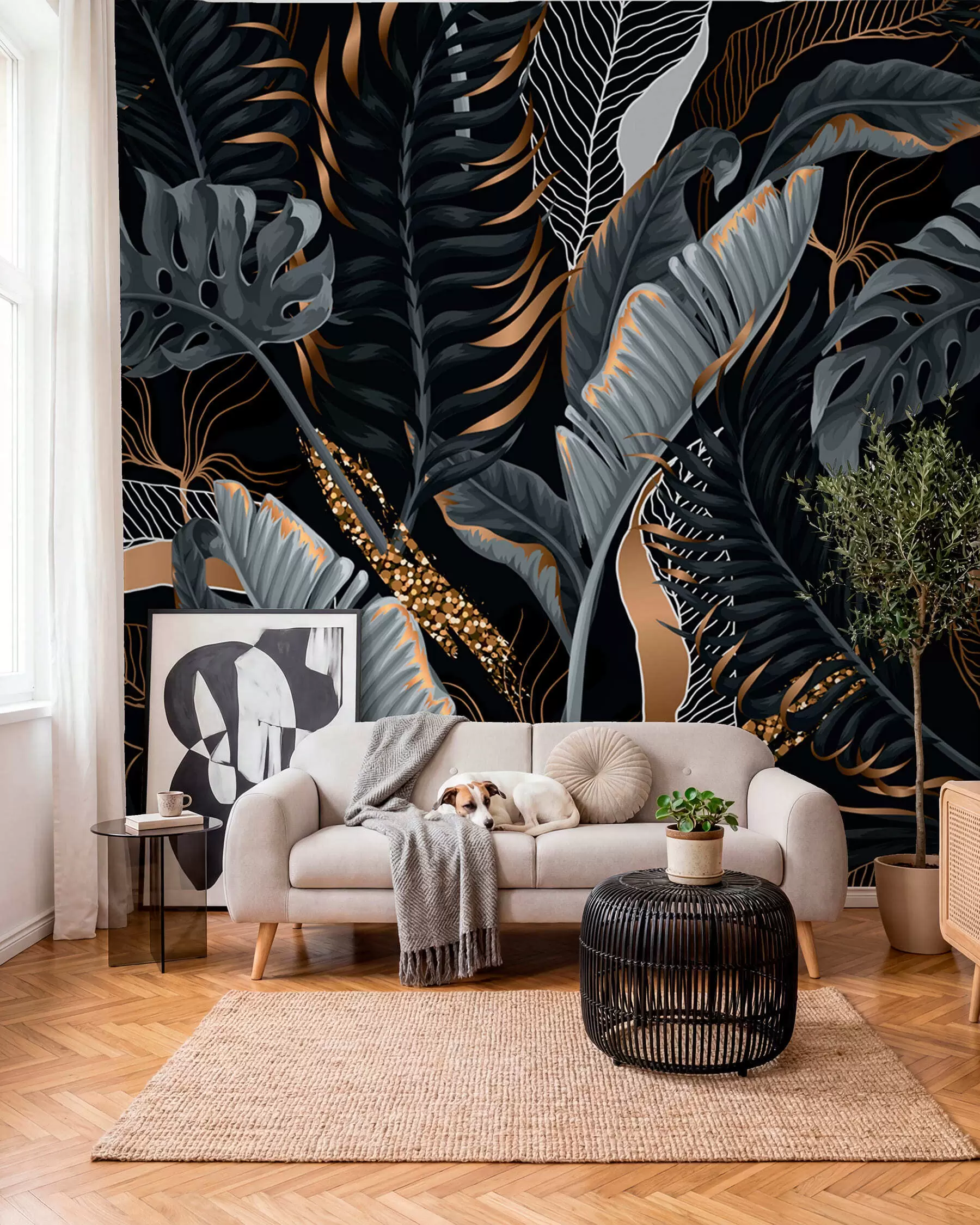 murais de parede Folhagem tropical em um fundo preto u71889