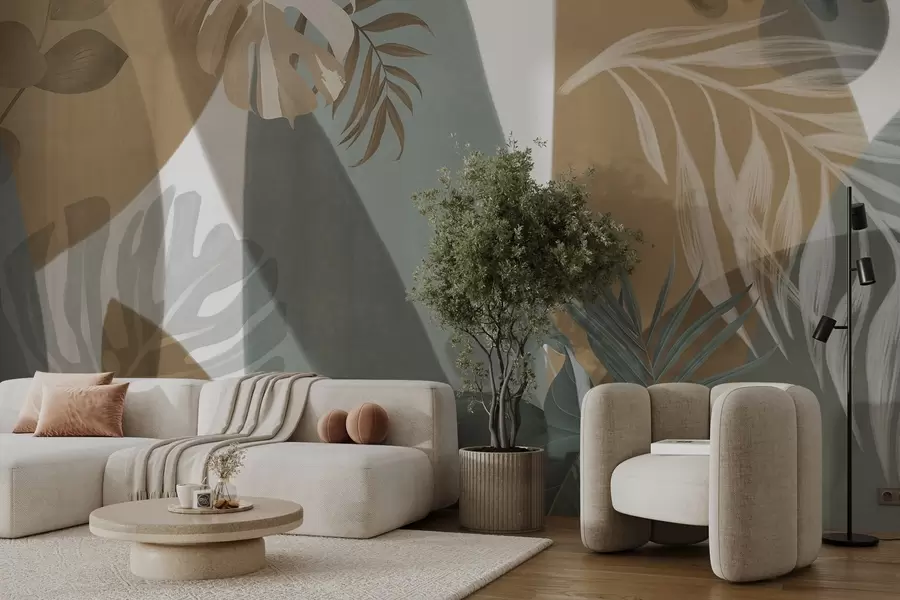 murais de parede Folhas de monstera e folhas de palmeira num padrão com cores castanhas, brancas e verdes, vibração tropical, formas abstractas, decorativas w09288