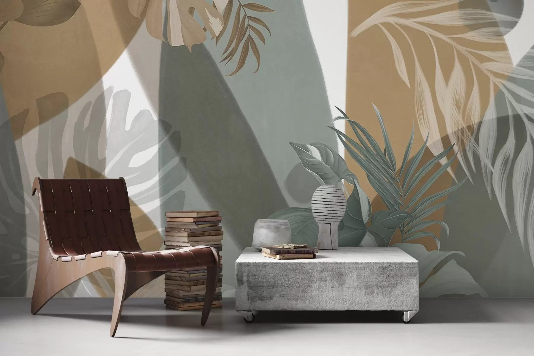 murais de parede Folhas de monstera e folhas de palmeira num padrão com cores castanhas, brancas e verdes, vibração tropical, formas abstractas, decorativas w09288