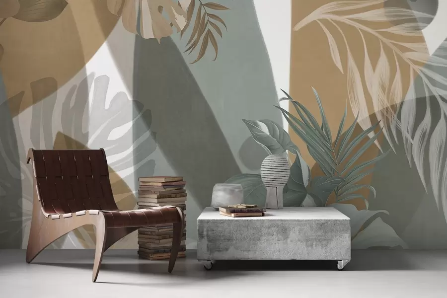 murais de parede Folhas de monstera e folhas de palmeira num padrão com cores castanhas, brancas e verdes, vibração tropical, formas abstractas, decorativas w09288