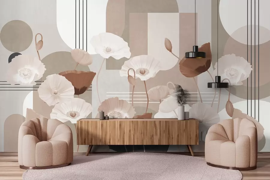 murais de parede Papoilas em tons de branco e bege com formas geométricas no fundo, círculos e arcos, estilo minimalista, cores suaves w09289
