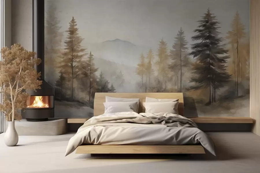 murais de parede Floresta de outono texturizada com pinheiros altos e montanhas no fundo, as cores são suaves e terrosas estilo de pintura w09290
