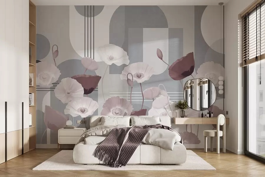murais de parede Papoilas em tons de branco e cinzento com formas geométricas no fundo, círculos e arcos, estilo minimalista, cores suaves w09289v1