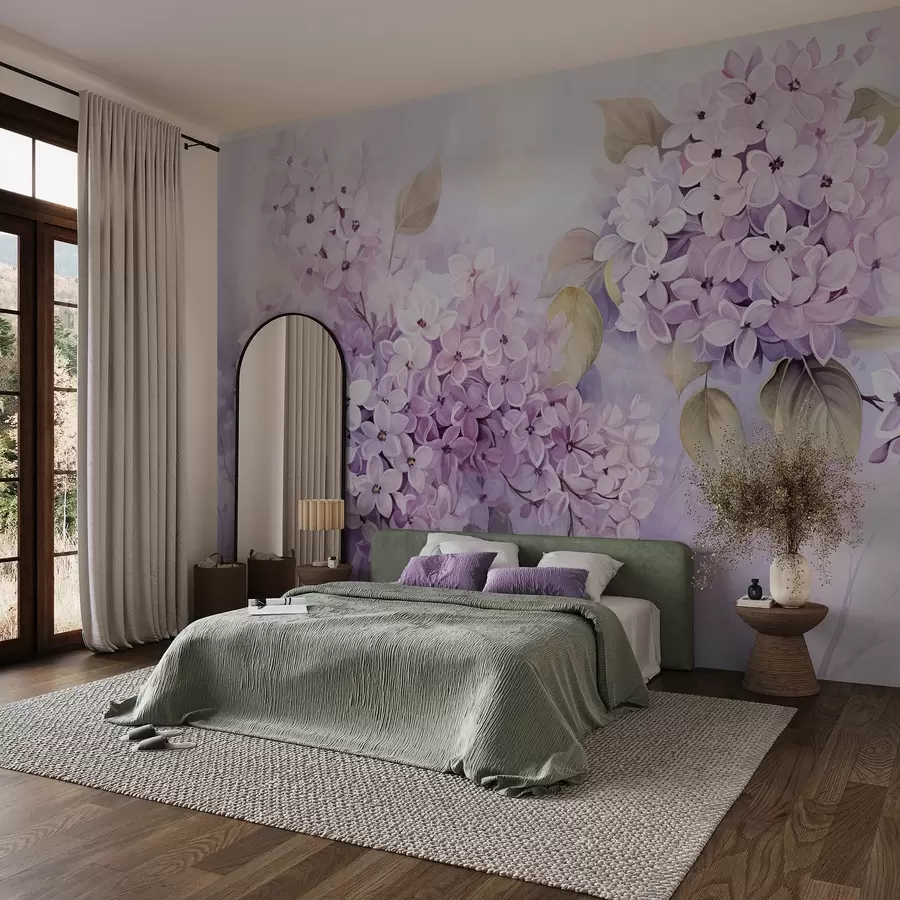 murais de parede Flores lilás texturadas com pétalas roxas claras, folhas verdes claras, estilo aguarela, cores suaves e pastel, pinceladas delicadas w09291