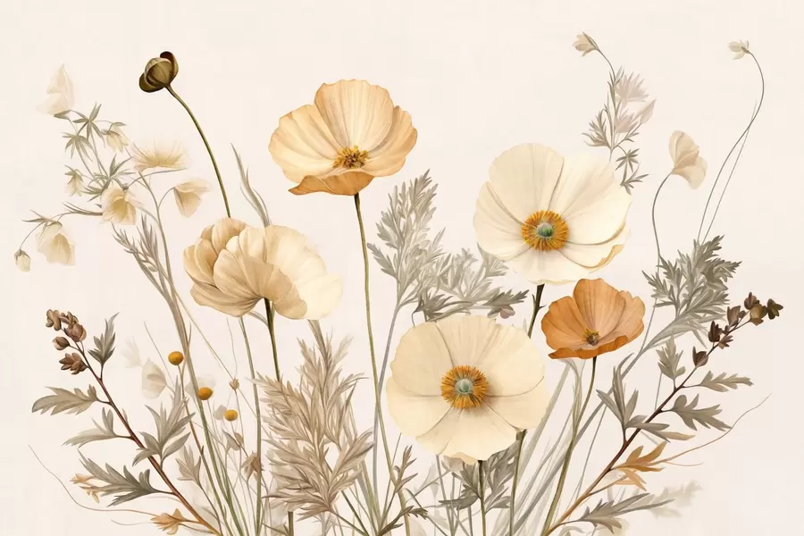 murais de parede Papoilas com textura vintage laranja e branca com caules e folhas finos, fundo bege claro, estilo aguarela w09293