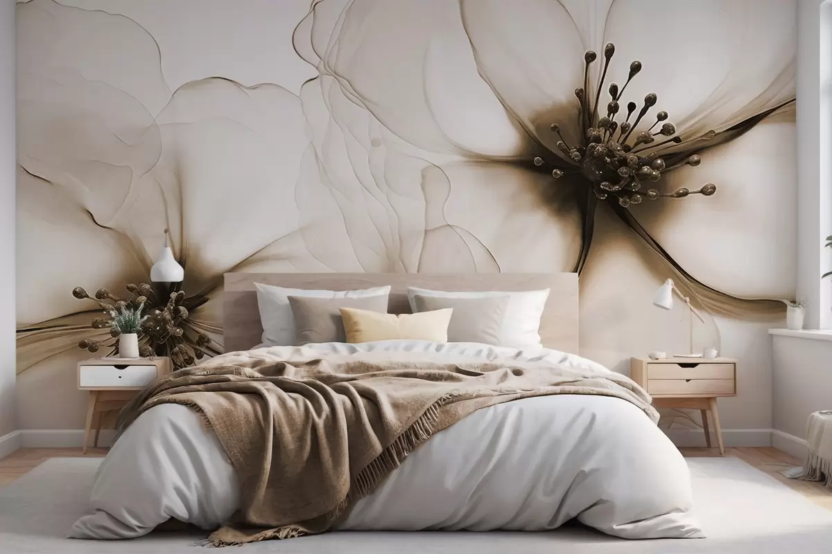 murais de parede Duas flores castanhas de textura translúcida com estames visíveis, pétalas delicadas sobrepostas e uma textura suave e fluida w09295