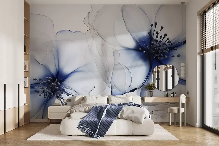 murais de parede Duas flores azuis translúcidas texturizadas com estames visíveis, pétalas delicadas sobrepostas e uma textura suave e fluida w09295v1