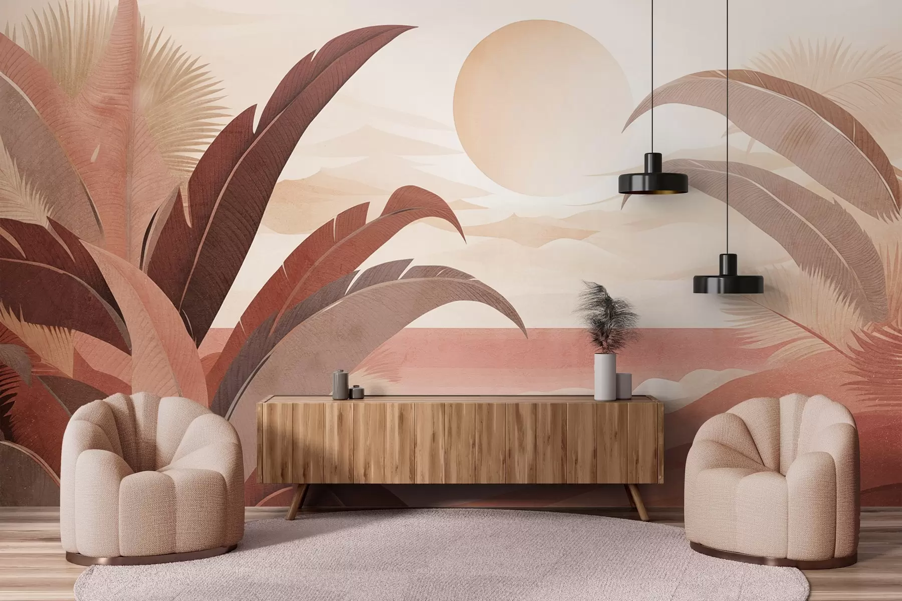 murais de parede Paisagem tropical abstrata texturada com folhas de palmeira e um grande sol no céu, paleta de cores quentes, estilo minimalista, estilizada w09296