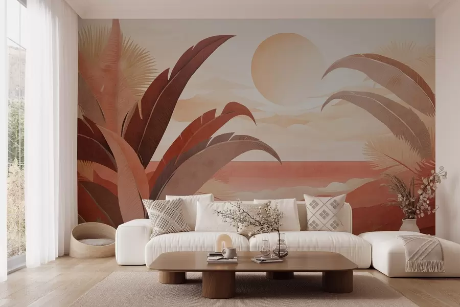 murais de parede Paisagem tropical abstrata texturada com folhas de palmeira e um grande sol no céu, paleta de cores quentes, estilo minimalista, estilizada w09296