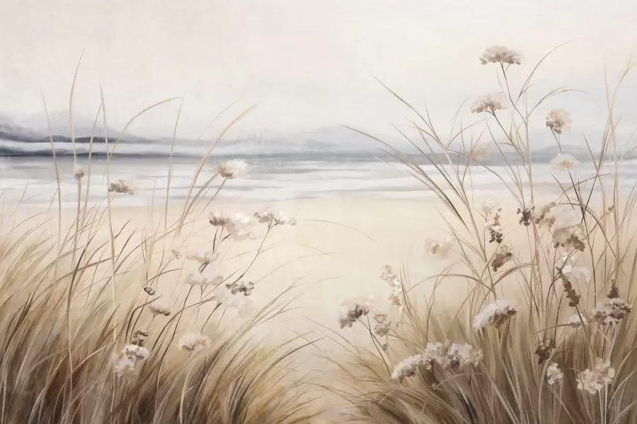murais de parede Um campo de trigo com flores brancas em primeiro plano, uma praia e o oceano em segundo plano, cores pastel neutras e suaves w09298